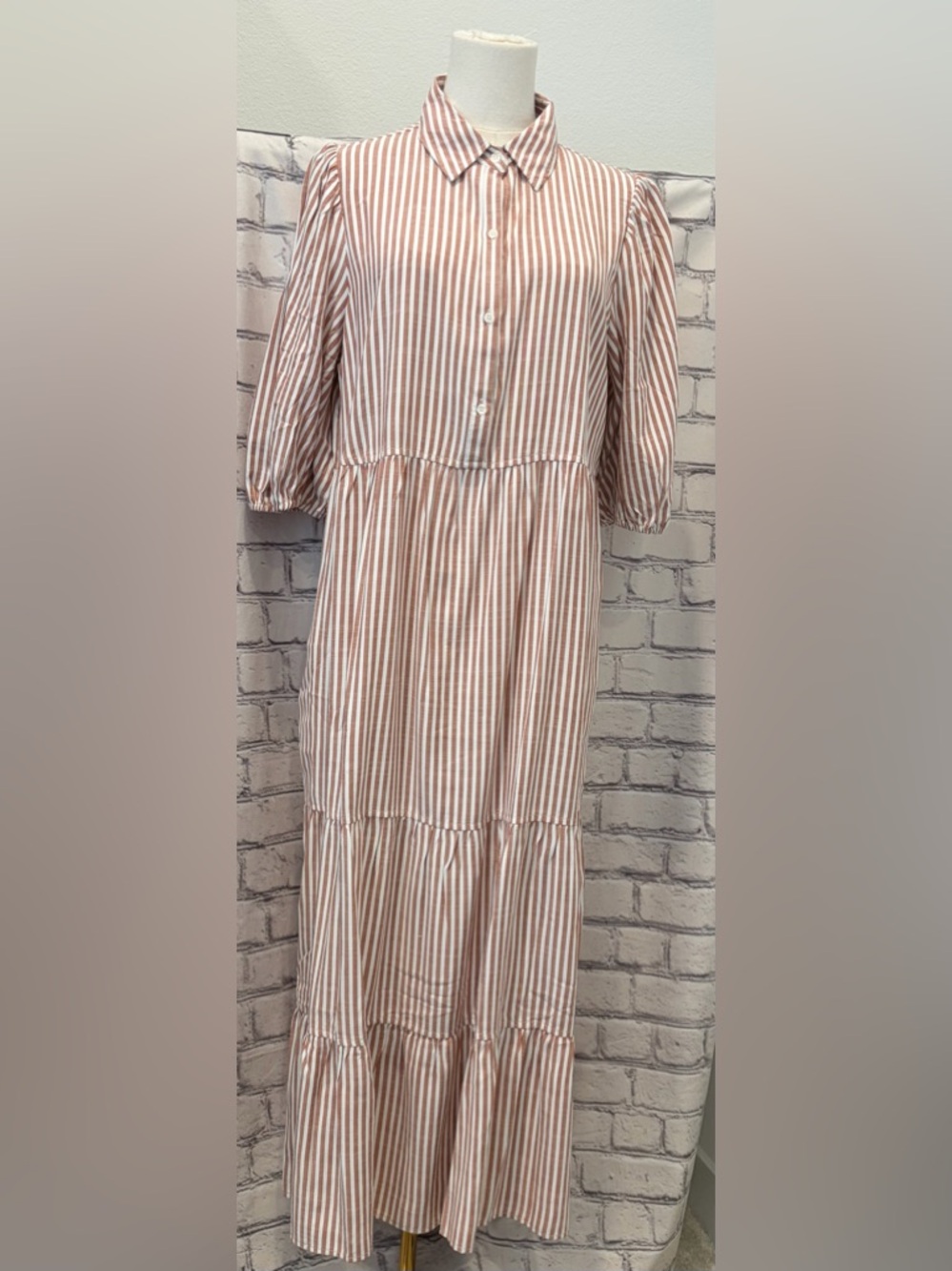Max Studio :L Women Striped Button-Front Midi Dress in Rust and White